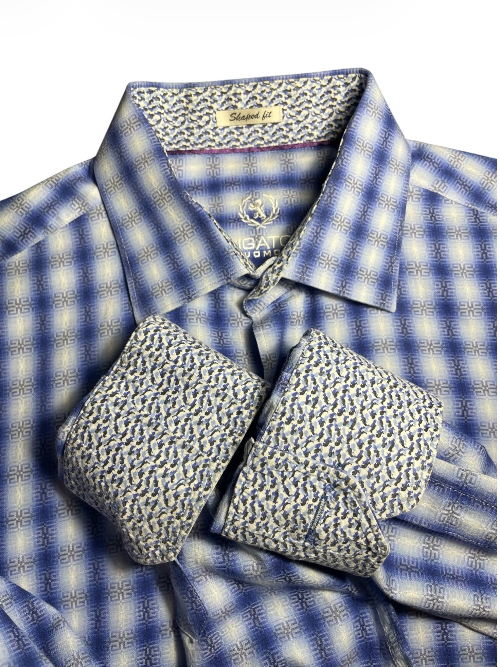 Men's Bugatchi Dress Shirt Size Medium Contrasting Cuffs Geometric Design